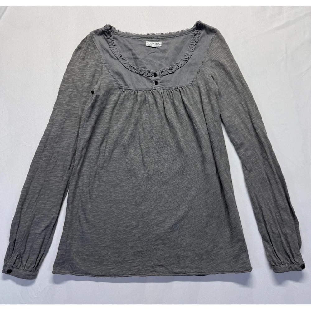 Generra Tunic Blouse Top Womens XS Heather Gray Pleated Ruffle Trim Henley Neck